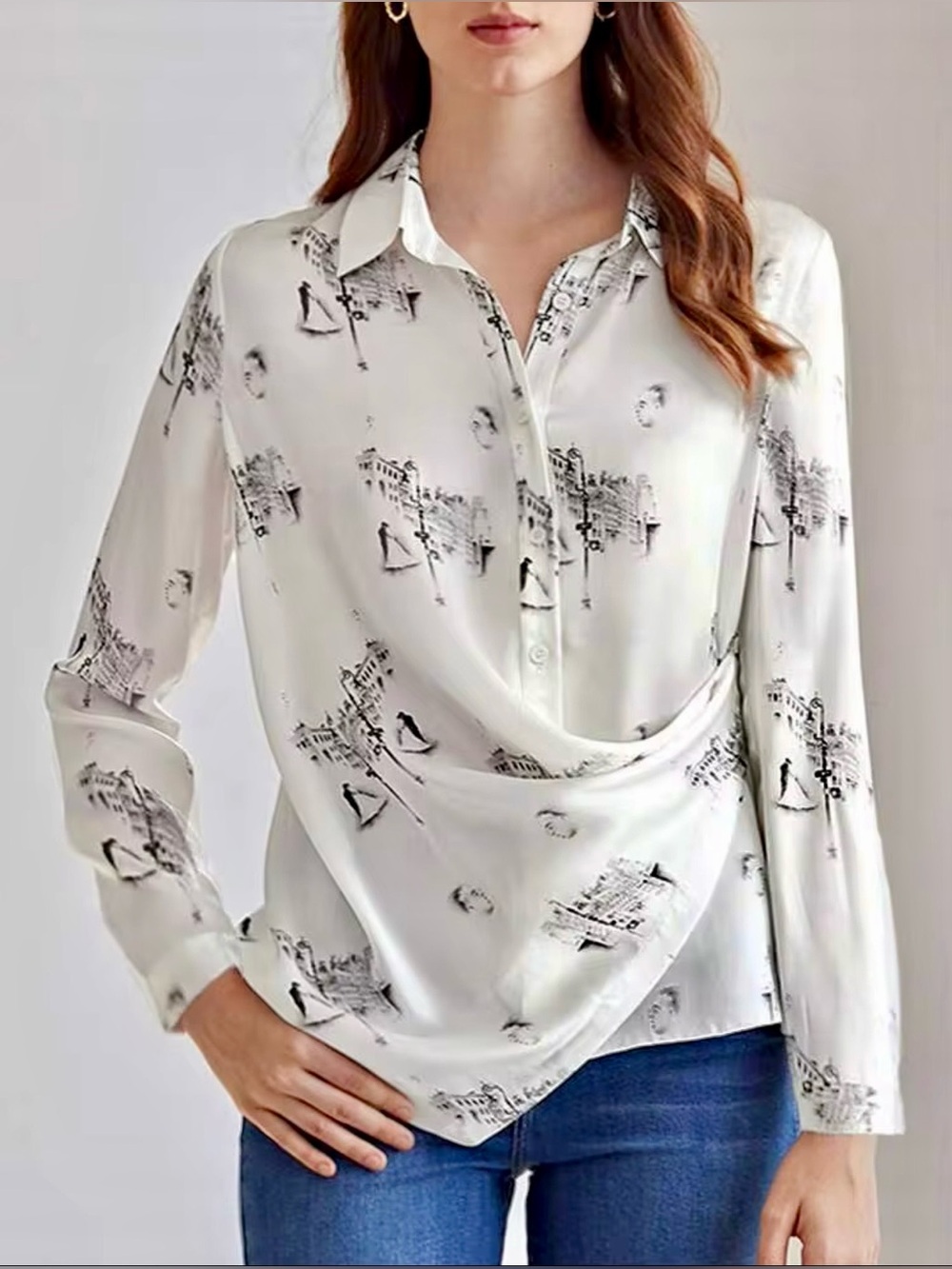 100% Premium Silk Draped Button-Front Blouse size M